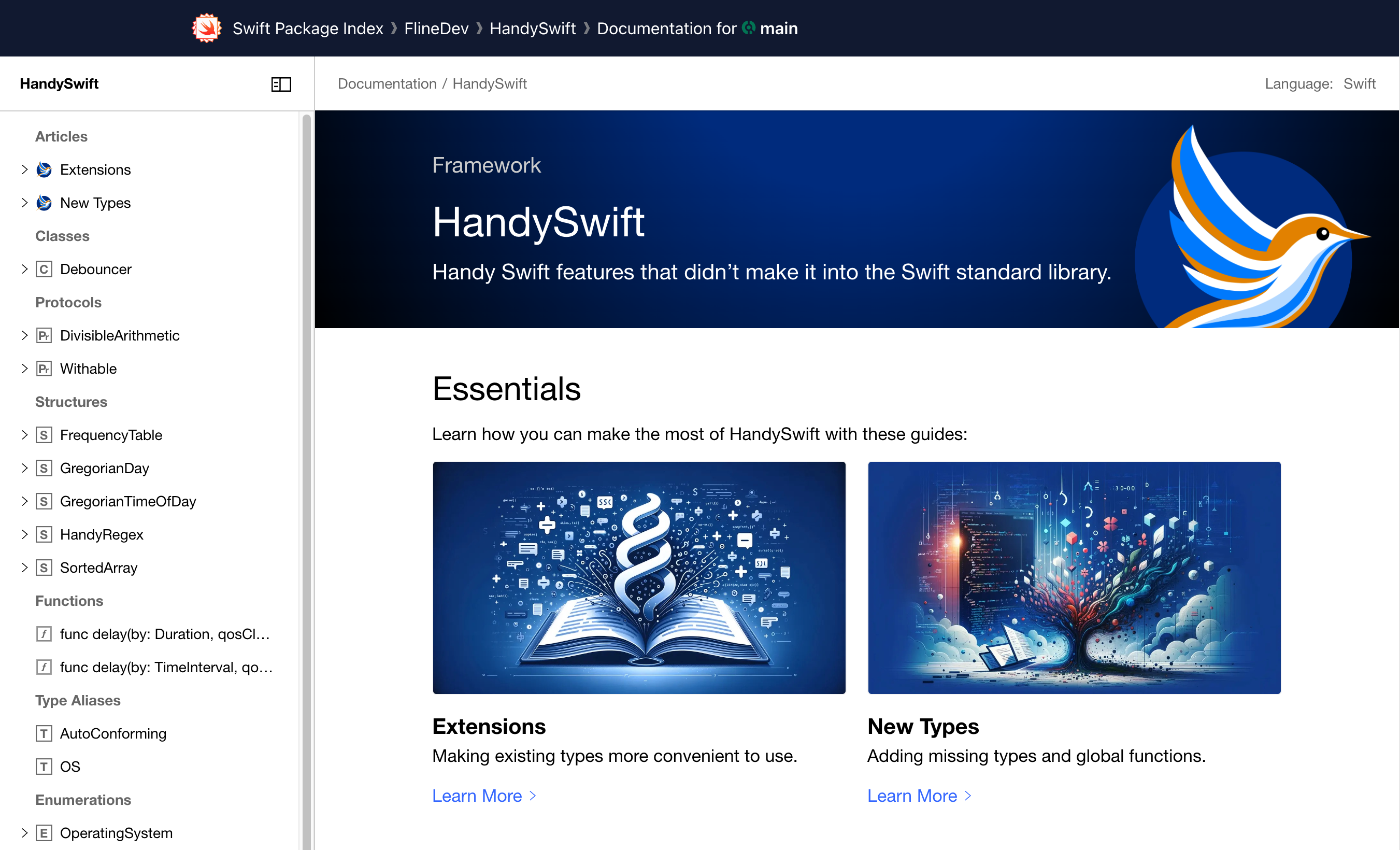 The HandySwift documentation showing a customised theme with a gradient background and a logo image.