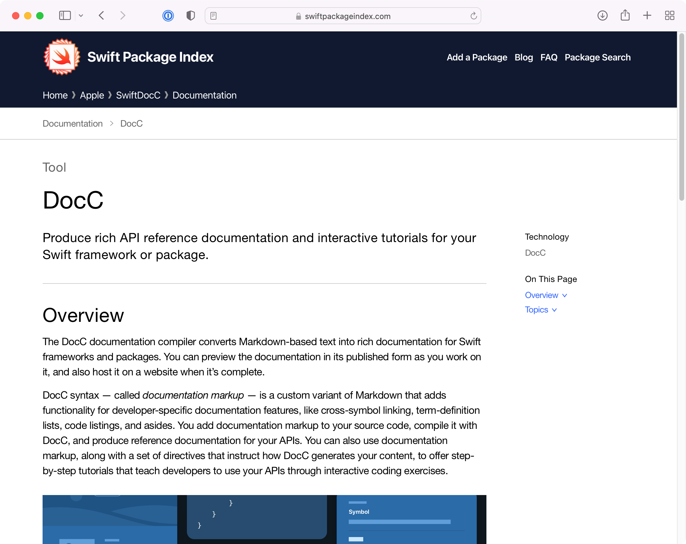 Hosted documentation for the DocC package shown in the context of the Swift Package Index with a header above the documentation.