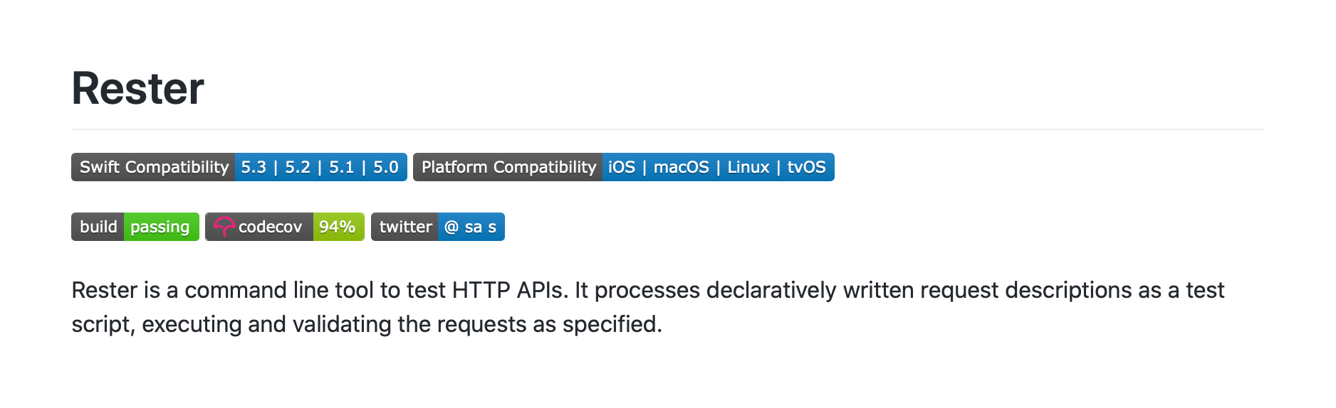 A screenshot of a GitHub page with badges that show the Swift and platform compatibility for the package.