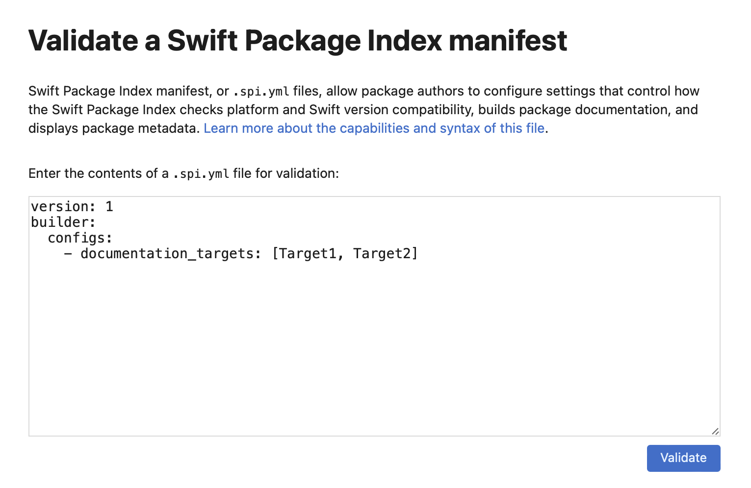 The Swift Package Index manifest validation page.