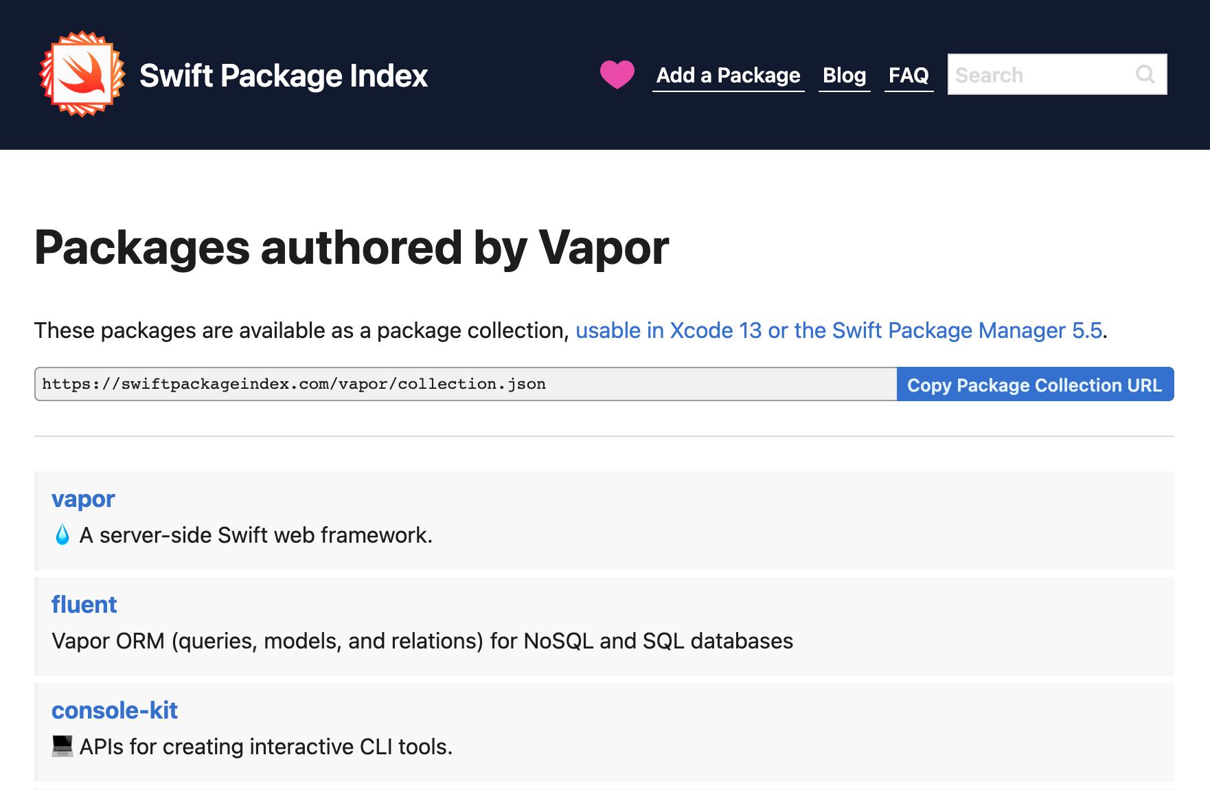 Package Collection support on the Swift Package Index.